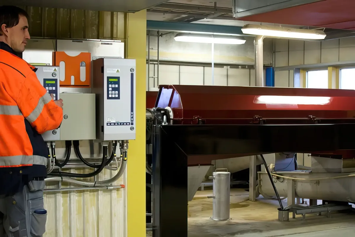 Operator supervising industrial decanter centrifuge at a treatment plant