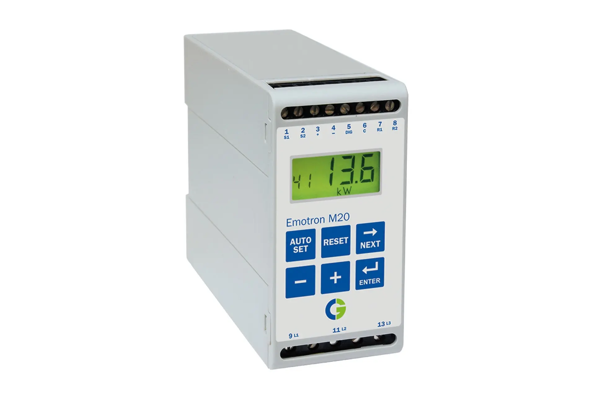 Monitor de potencia de eje Emotron M20 montado en riel DIN, utilizado para protección de bombas y detección de sobrecarga sin sensores externos